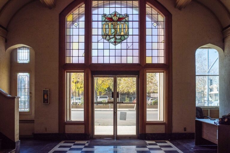 Entrance door of apartment complex- view from the inside